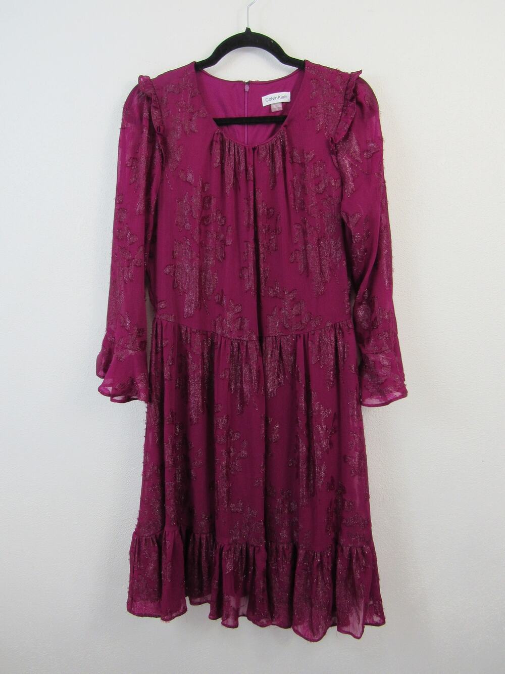 Calvin Klein Size 10 Floral Jacquard Fit & Flare Dress Ruffle Hem Tiered Magenta